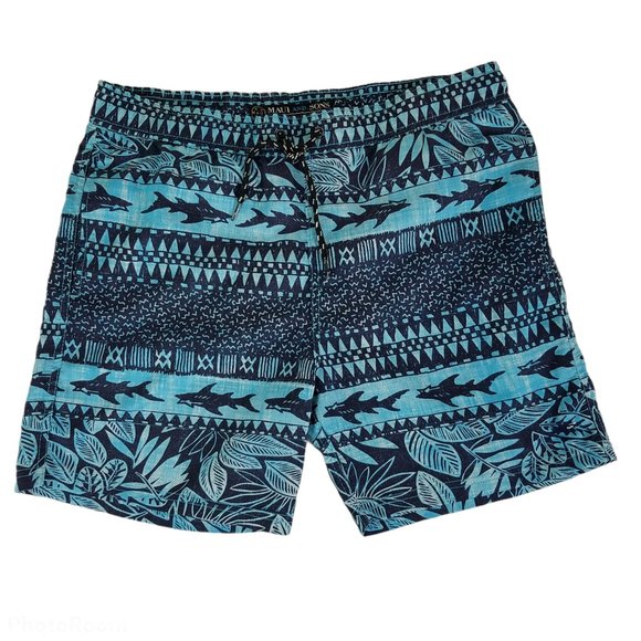 Maui & Sons Mens Swim Trunks Large Blue Board Surf Shorts Hawaiian Tropical - Picture 1 of 6